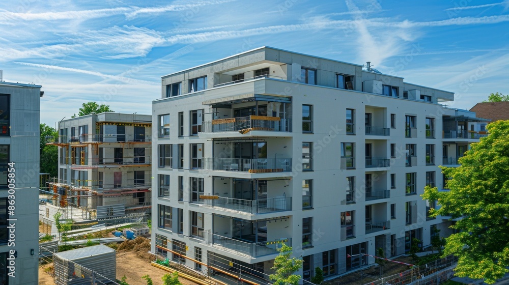 Poster A large white building with a balcony and a tree in front of it