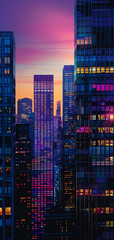 Vibrant cityscape at twilight with illuminated skyscrapers against a colorful sunset sky, showcasing urban beauty and modern architecture.