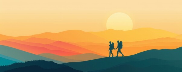 A couple hiking in the mountains, silhouetted against a stunning sunset with layered hills and a golden sky.