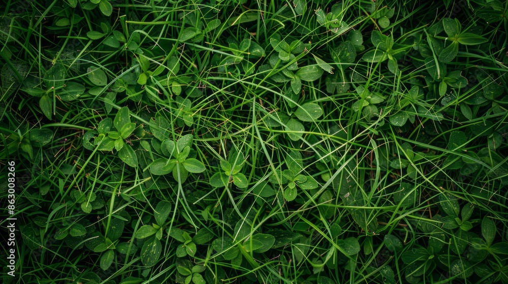 Poster A close up of green grass with a few small plants in it