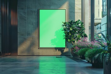 Modern indoor space with a green screen display and lush plants, perfect for advertising or presentations.