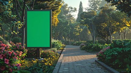 Empty billboard with a green screen stands next to a walkway in a lush park setting, perfect for advertising or promotional use.