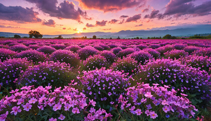 Obraz premium Champs de fleurs mauves au coucher du soleil