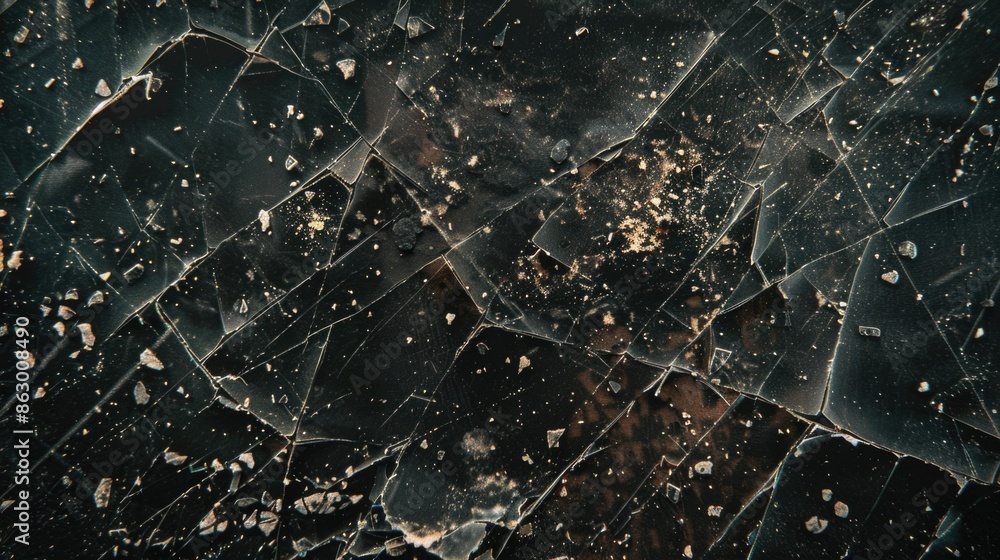 Poster a close-up view of a cracked glass surface with a jagged edge