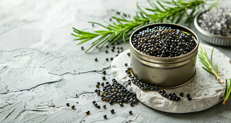 A small tin of black caviar is on a white surface with some black seeds scattere