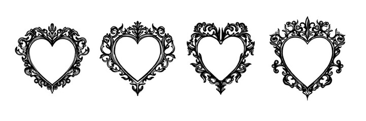 Gothic heart frame set, vector vintage baroque border, dark classic antique ornament, floral swirl. Victorian love mystic tattoo, elegant magic decoration with copy space. Halloween gothic frame kit