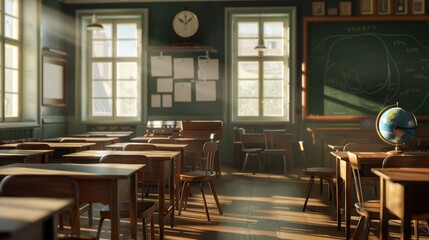 Sunlit Vintage Classroom with Globe and Chalkboard, Generative AI