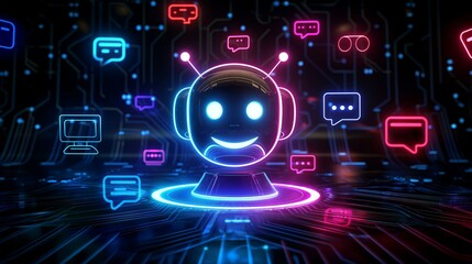 Fototapeta premium Futuristic AI Chatbot with Neon Icons and Digital Circuit Background