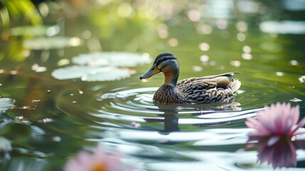 Fototapeta premium A duck swims peacefully in a serene pond surrounded by calm water