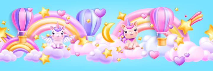 3D cartoon sky seamless border, vector baby unicorn banner, kawaii rainbow, pastel clouds, stars. Children bedroom decoration wallpaper, fairy tale pony, magic children poster. 3D sky horizontal frame