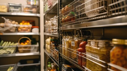 A pantry with labeled wire storage baskets