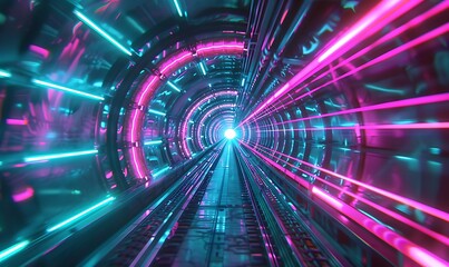 Abstract High-Speed Data Transfer Tunnel with Pink, Blue, and Green Neon Waves and Glare Lights for Sci-Fi Background