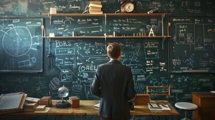 A man is standing in front of a chalkboard with equations