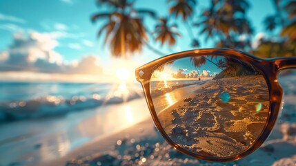 Close-up Of Beach And Palm Trees Seen Through Glasses On Sunny Day