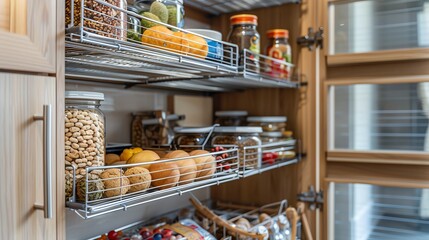 A pantry with pullout wire baskets