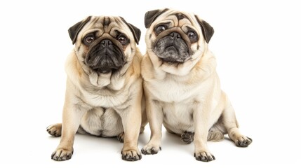 Obraz premium Playful Pugs: Two Adorable Pugs Sitting Together with Cheeky Expressions on White Background