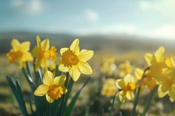 Obraz premium A beautiful landscape with a field of yellow flowers and distant mountains in the background, suitable for travel or nature-related uses