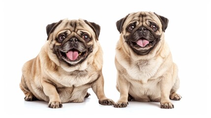 Playful Pair of Pugs: Two Adorable Dogs Sitting Together on White Background