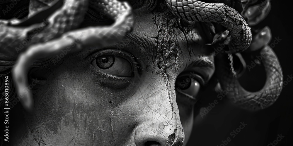 Aufkleber A close-up view of an ancient statue with a snake coiled around its head, perfect for use in historical or mysterious settings