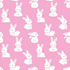 Cute White Rabbit character seamless pattern vector. Adorable animal with white rabbit, bunny and ribbon on pink background. Lovely illustration design for fabric, decoration.
