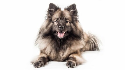 Obraz premium Curious Fluffy Keeshond Dog Sitting on White Background
