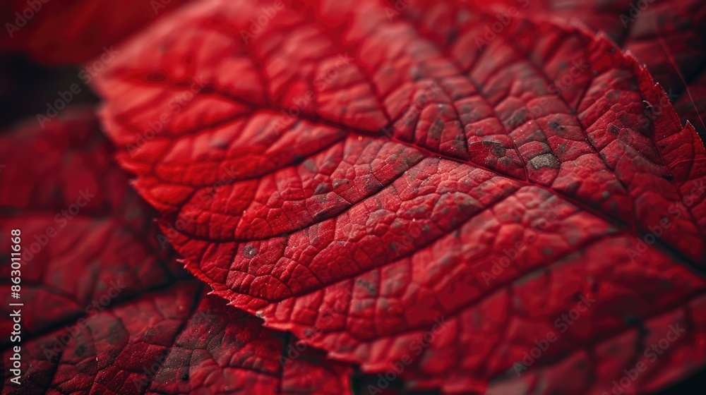 Poster a close-up shot of a vibrant red leaf against a dark black background, great for using in designs an