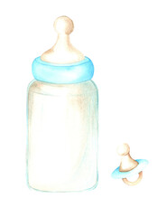 Baby feeding bottle and pacifier. The watercolor illustration is hand drawn.Suitable for textiles, scrap paper, wallpaper, wrapping paper, cards, invitations and baby shower decorations.