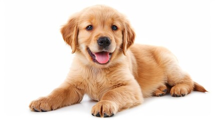 Cheerful Golden Retriever Puppy with Bright Expression on White Background