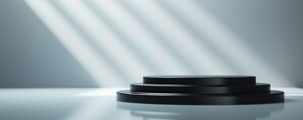 Minimalist black podium with sunbeams.  Perfect for product display.