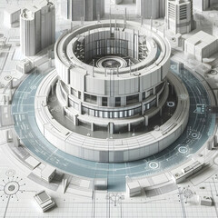 3D illustration of a white circular building with modern geometric design, showcasing futuristic technology in a detailed wallpaper. Illustrations