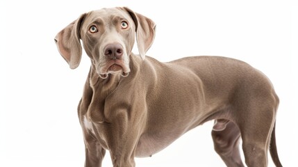 Happy Weimaraner Dog Standing Playfully on White Background