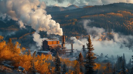 Fototapeta premium An industrial complex on a mountainside emits smoke. The nearby forest in vibrant fall colors contrasts with the scene.