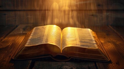 Obraz premium A Bible lying open on a wooden table, great for editorial or inspirational uses