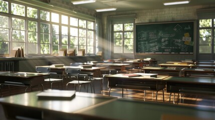 Bright Sunlit Classroom with Desks and Chalkboard, Generative AI