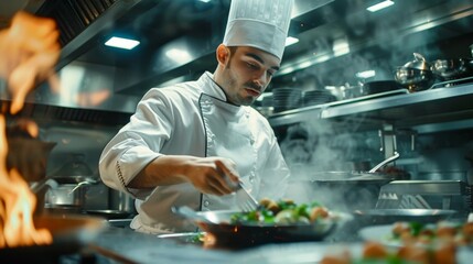 A passionate chef preparing gourmet dishes in a restaurant kitchen
