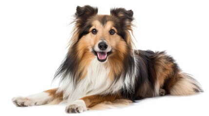 Happy Shetland Sheepdog with Wagging Tail on White Background