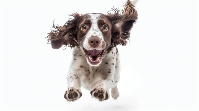 Energetic English Springer Spaniel Joyfully Running Towards Camera on White Background