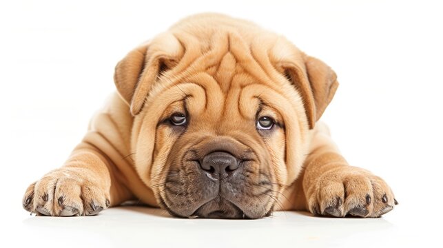 Curious Shar Pei Puppy with Gentle Eyes on White Background