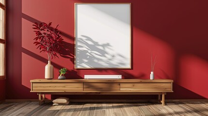 blank poster frame mockup on red wall near window, with TV table and soundbar