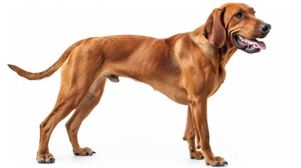 Joyful Redbone Coonhound Poses Happily on White Background