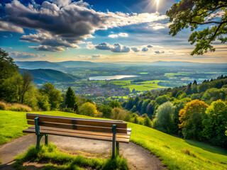 Obraz premium park view with greenery, bench and blue sky