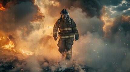 A tired firefighter, with his firefighter uniform, black pants with refractory, on a firefighting mission, smoke is seen behind