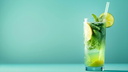 Green Summer Drink on a blue Background with Sunlight and Shadows