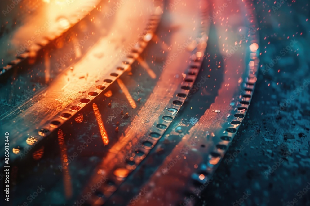 Poster a close-up view of a train track covered in rain, suitable for use as a background or atmospheric im