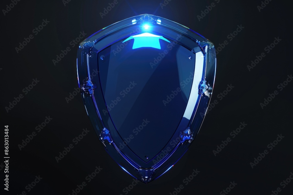 Poster a blue glass shield with a light shining on it, suitable for use in sci-fi or fantasy scenes