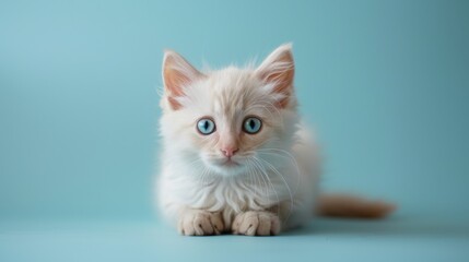 fluffy Khao Manee kitten sitting in a spacious blue studio, copy space. ai generated