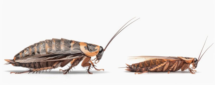 Comparison of nymph and adult cockroaches side by side, showing developmental changes, cockroach development, biological comparison