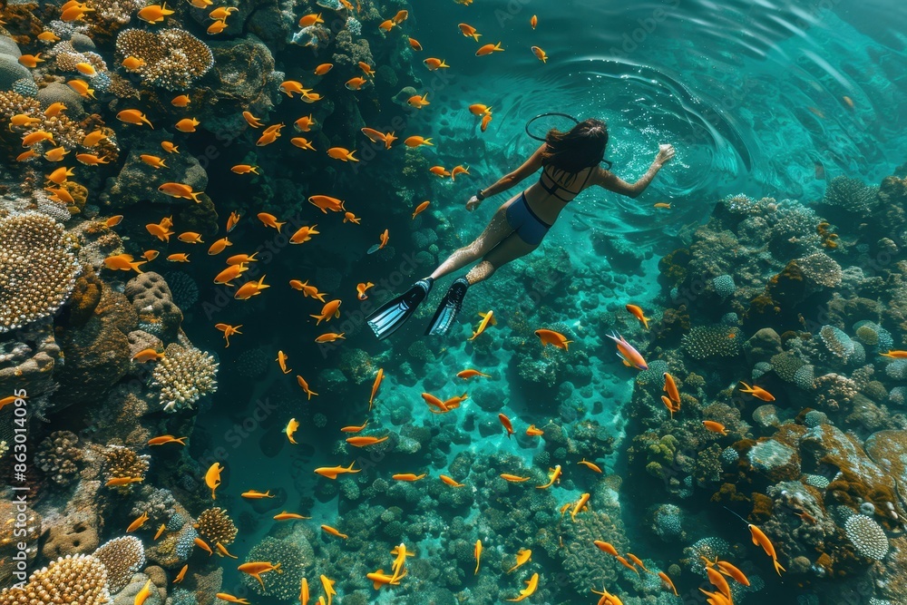 Wall mural A person snorkeling in crystal-clear water, surrounded by vibrant coral reefs and tropical fish.  - Wall murals