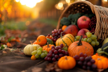 A centerpiece fit for a Thanksgiving feast - a gleaming golden cornucopia overflowing with colorful autumn fruits and vegetables, bathed in warm light.