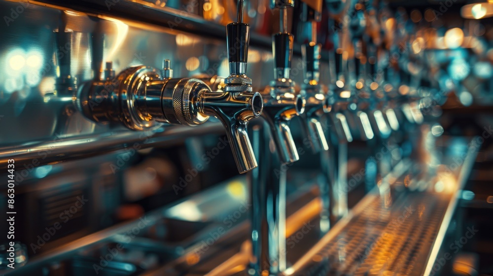 Poster row of beer taps in a bar setting